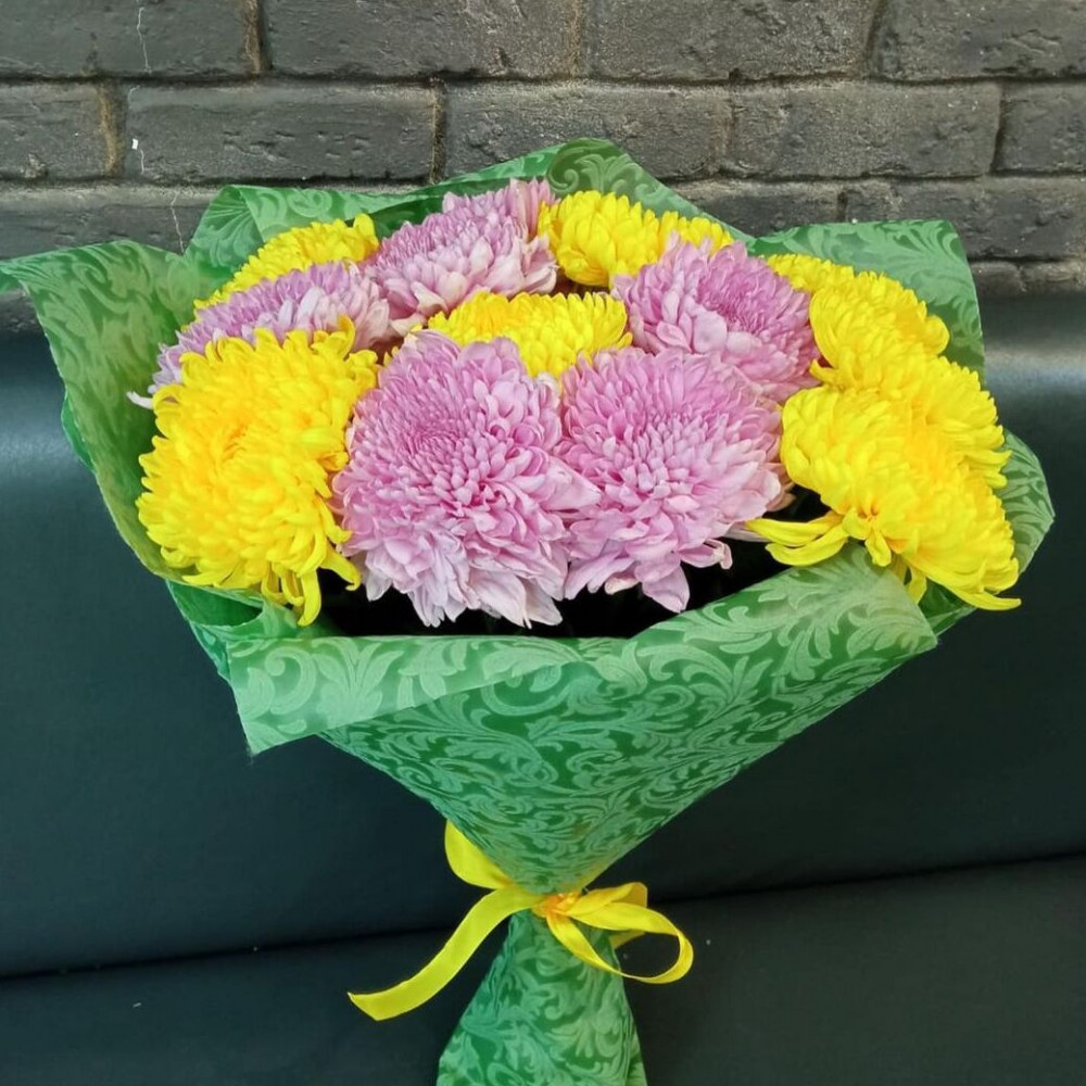 Букет цветов «Букет из желто-фиолетовых хризантем» - фото 2